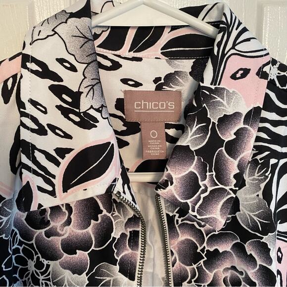 Chicos full zip lightweight jacket black white & pink floral print size 0 Small - Picture 4 of 5